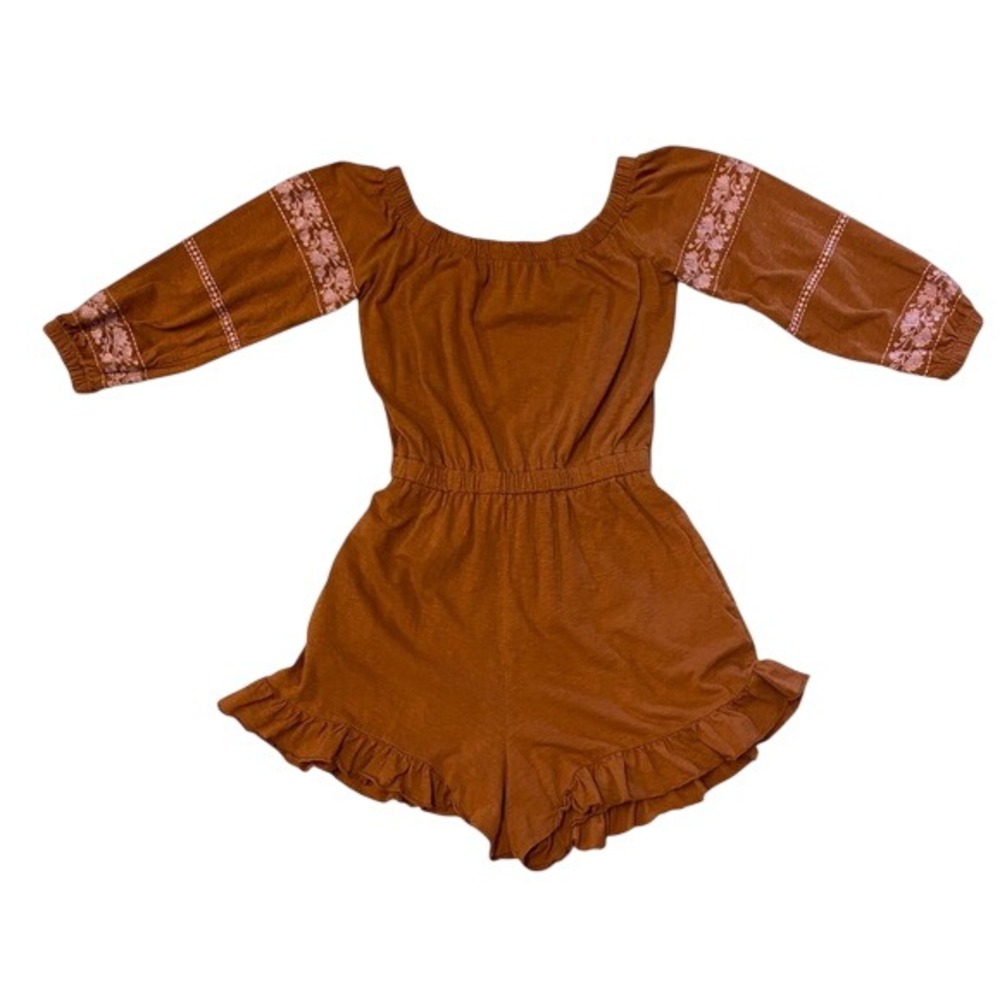American Eagle Off‎ Shoulder Embroidered Romper Rust Orange Long Sleeve S Small